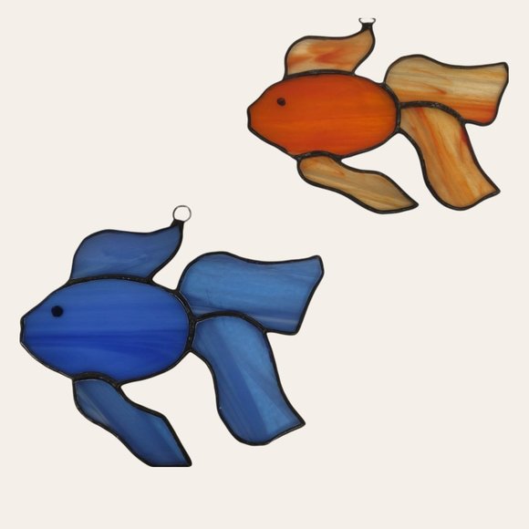 Vintage Stained Glass Gold Fish Beta Fish PAIR Sun Catchers Orange Blue Handmade - Picture 1 of 6